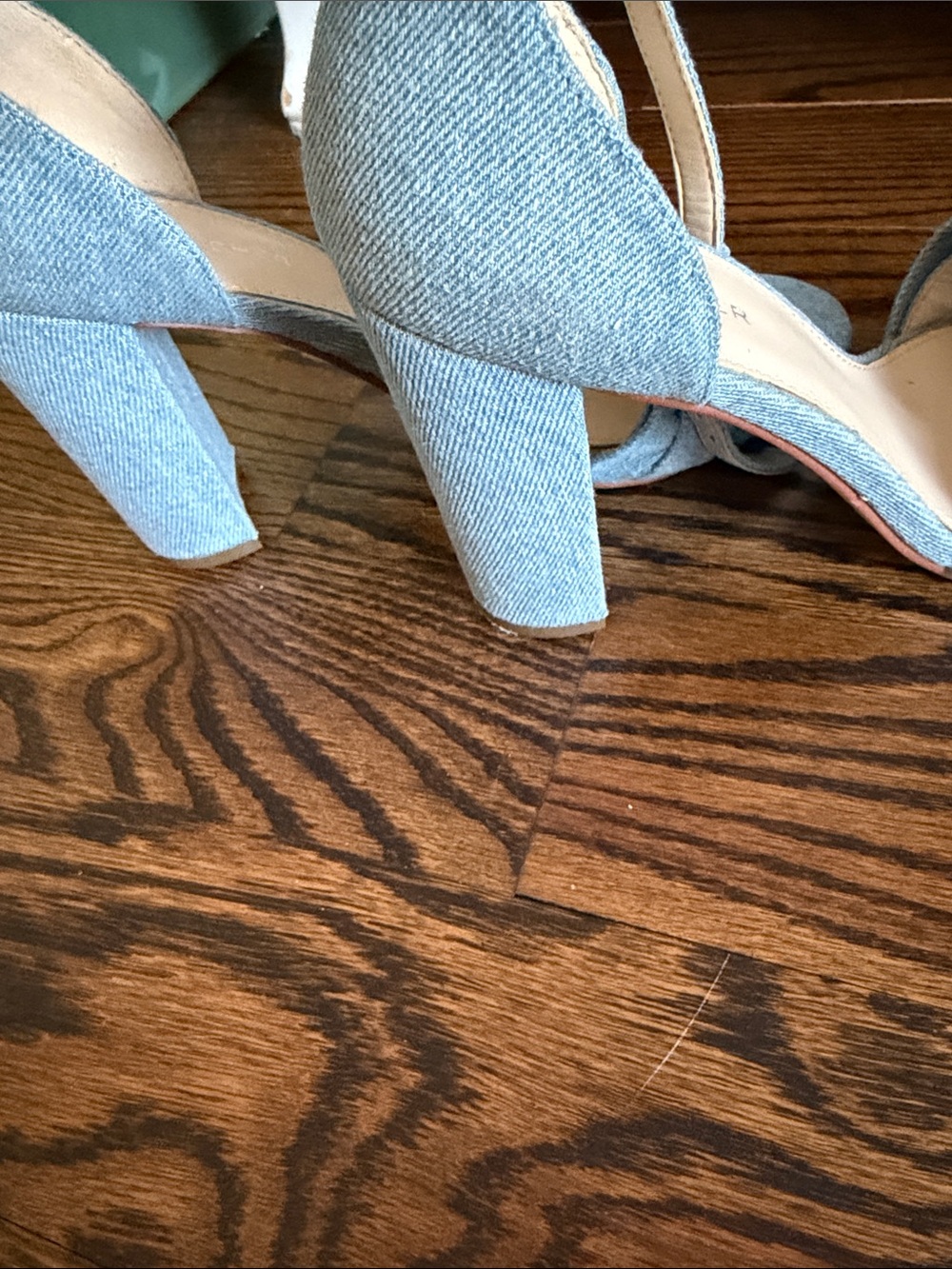 Marc Fisher Light Denim Ruffle Pearl Ankle-Strap Block Heels - Picture 6 of 6